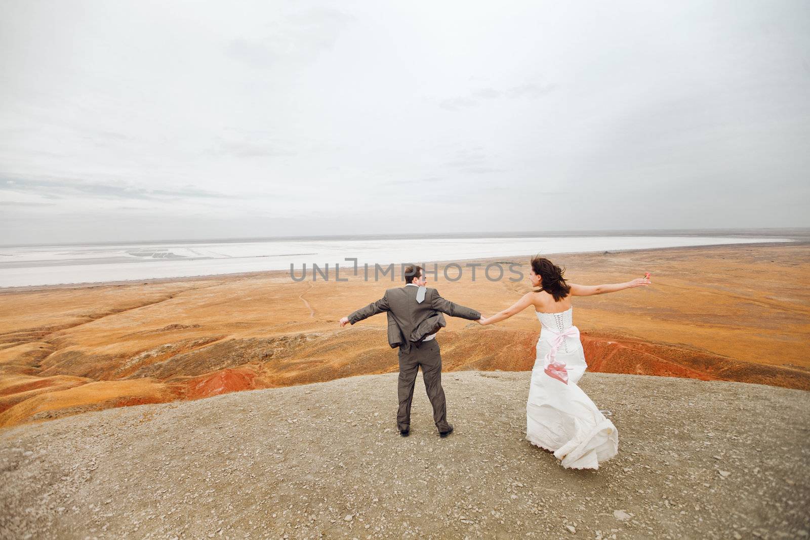 bride and groom on the mountain ready to jump