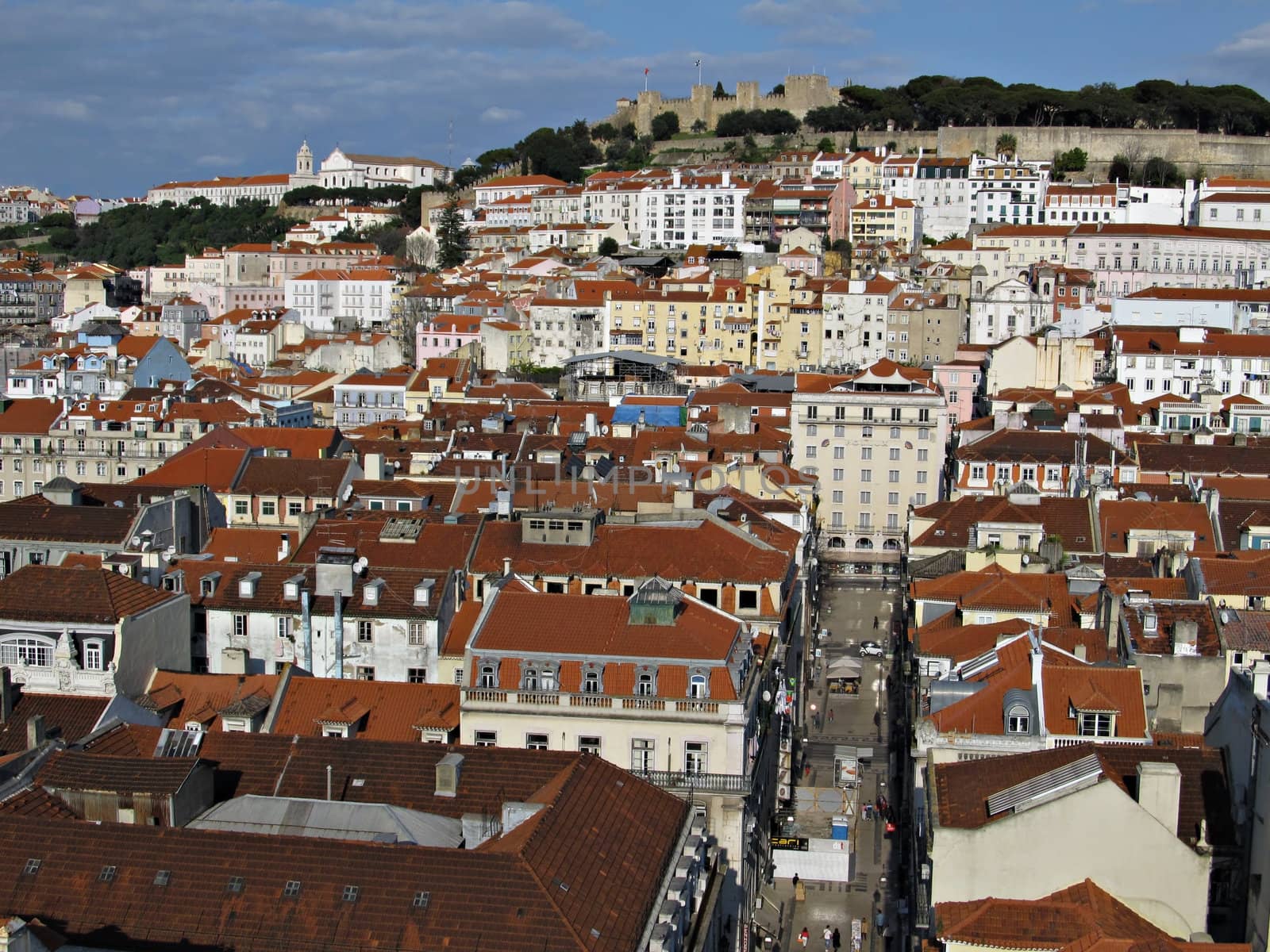 Lisbon view toward The Castle of São Jorge on the hill overlooking the city.