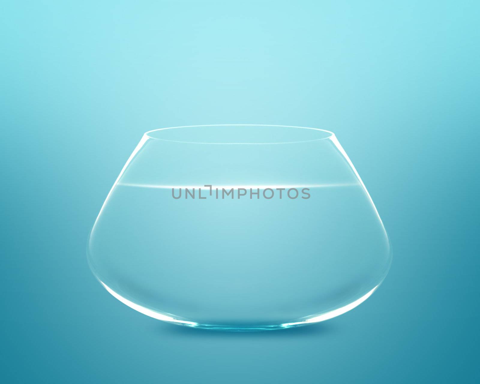 Empty fishbowl with water in front of blue background.