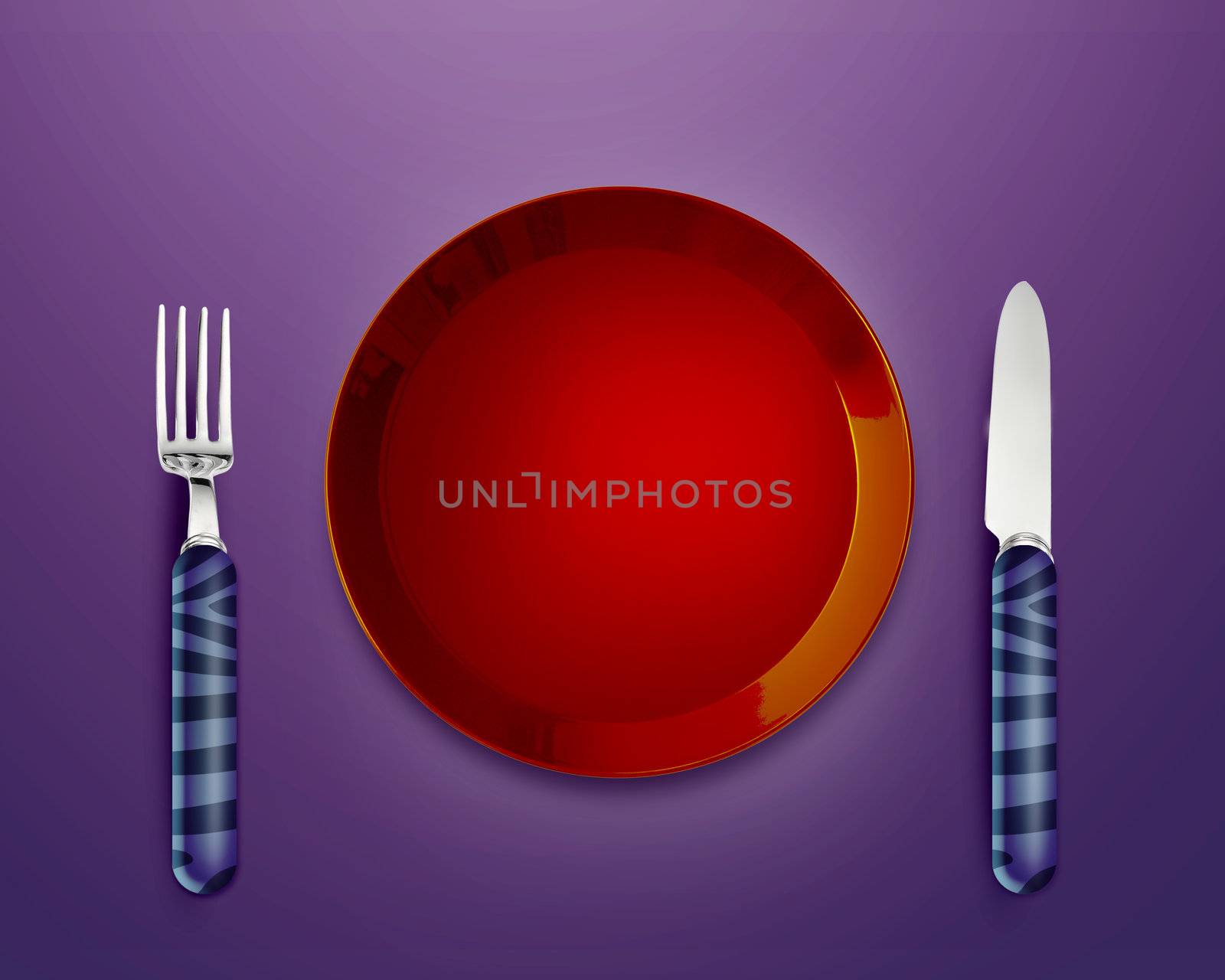 Empty red Plate with knife and fork.