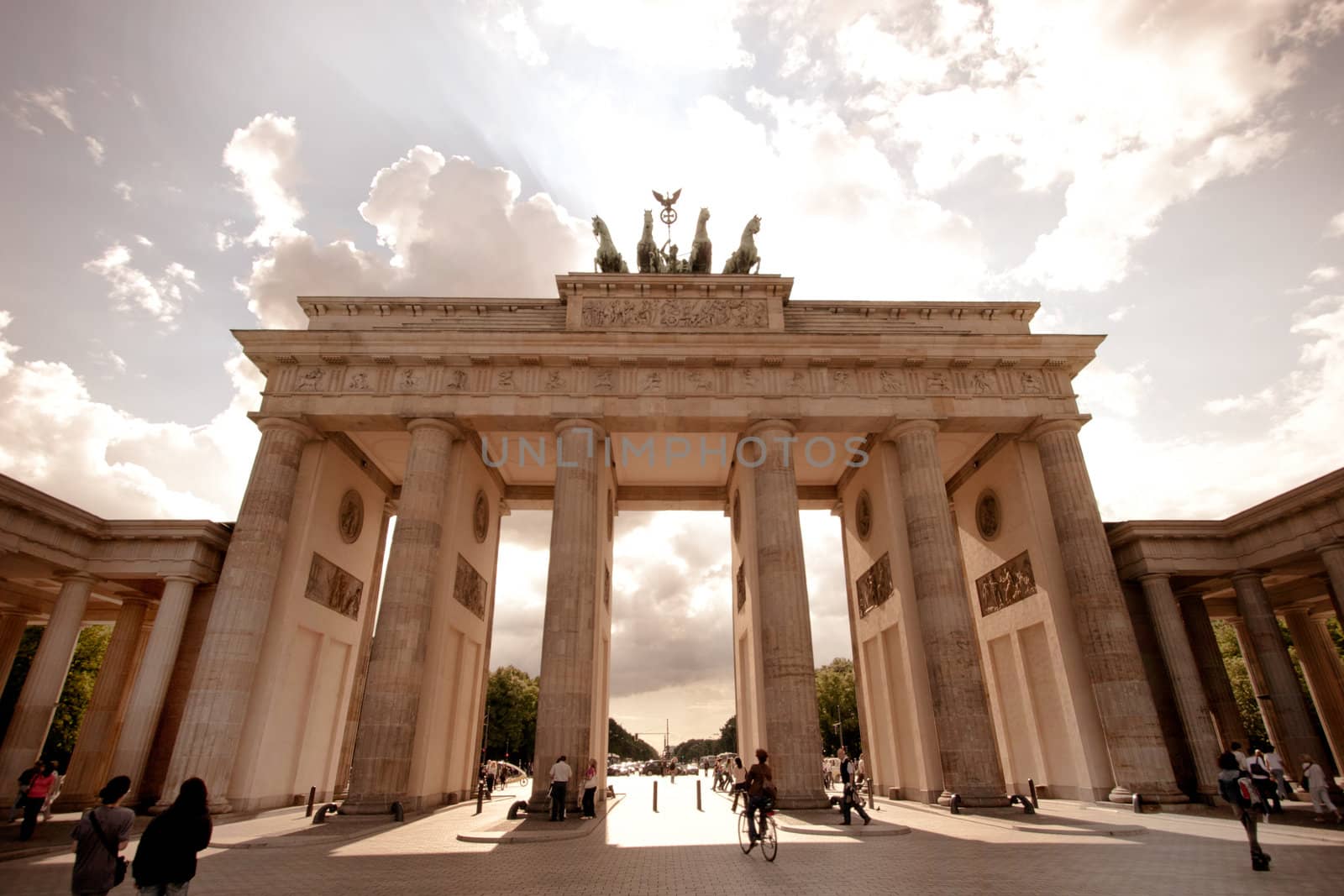Low angle frontal view of the Brandenburg Gate in Berlin with its historical Quadriga statue