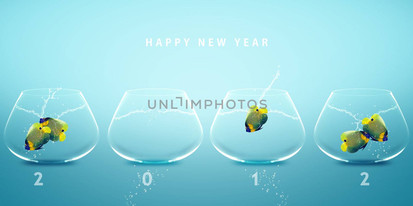 Happy new year 2012, conceptual image angelfish jumping to new fish bowl and creating 2012 year number.