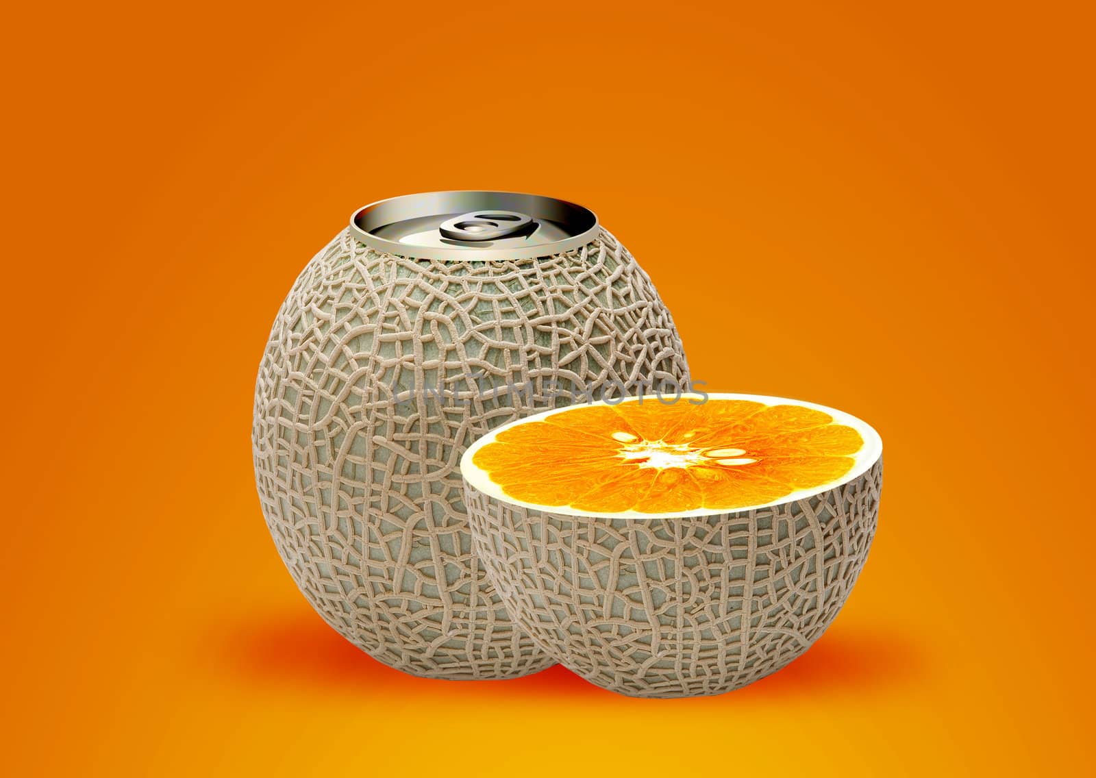 melon can and half orange, ideal for orange juice.