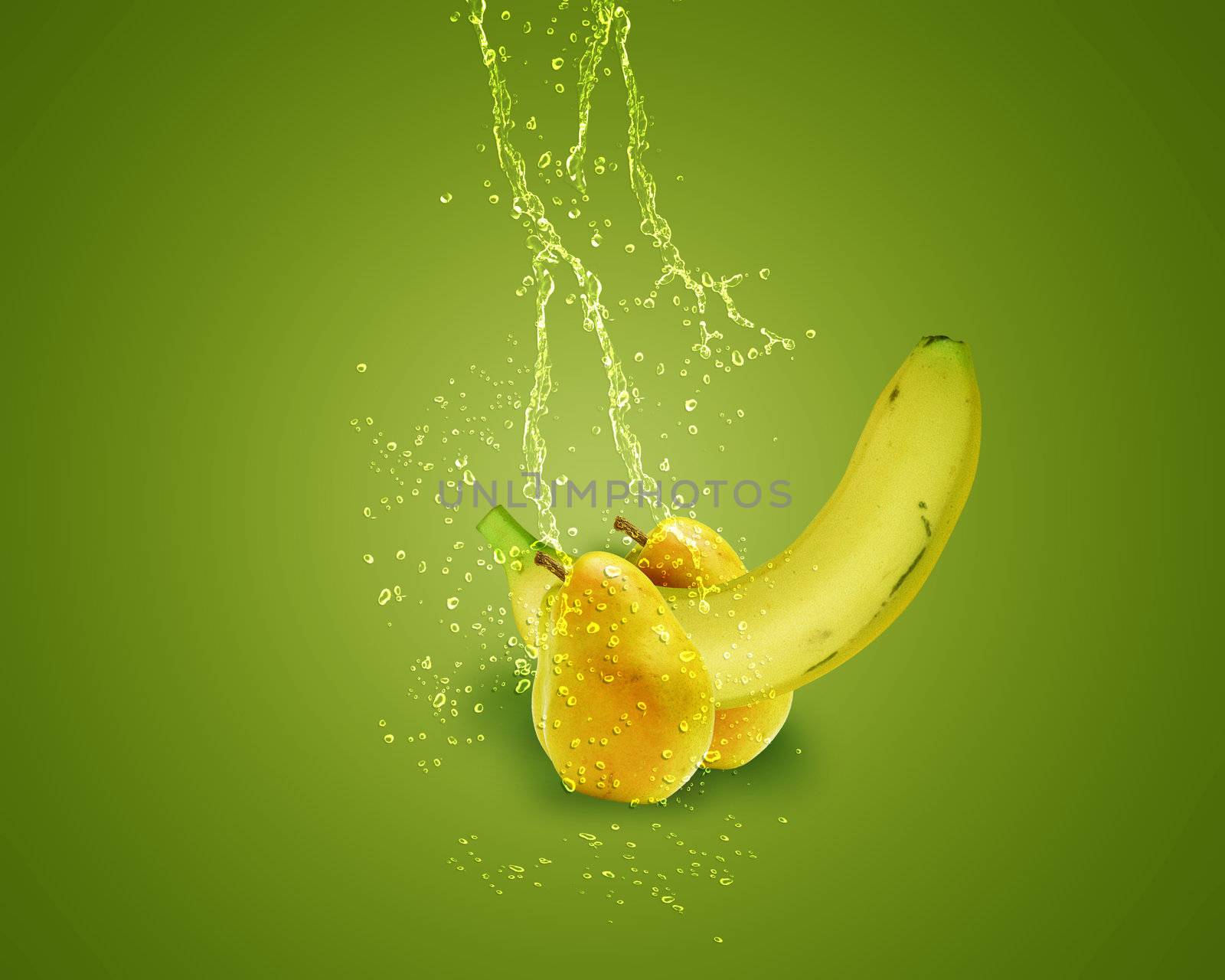 Fresh banana and pear with water splashes on green background.