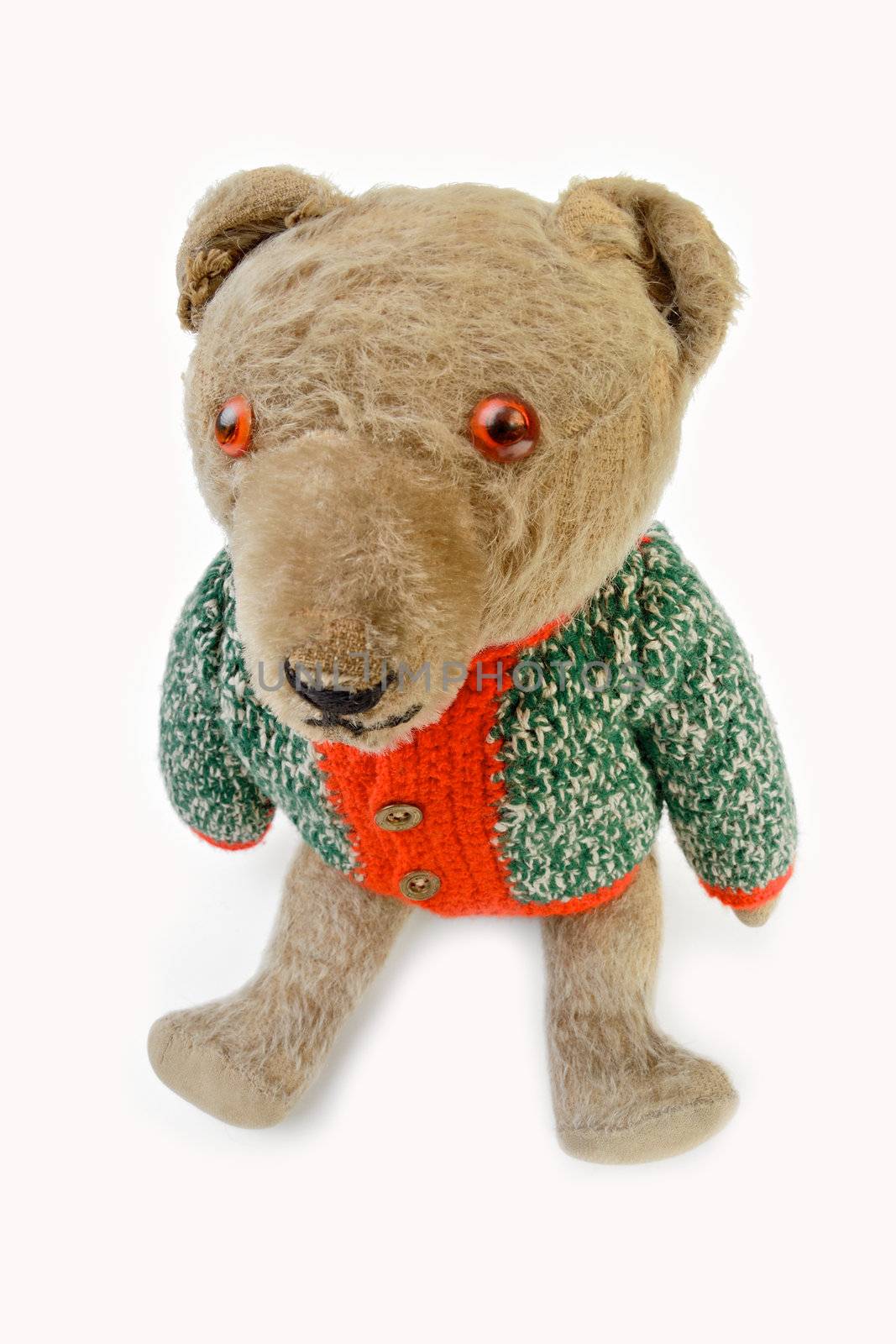 Plush teddy bear dressed in knitted sweater