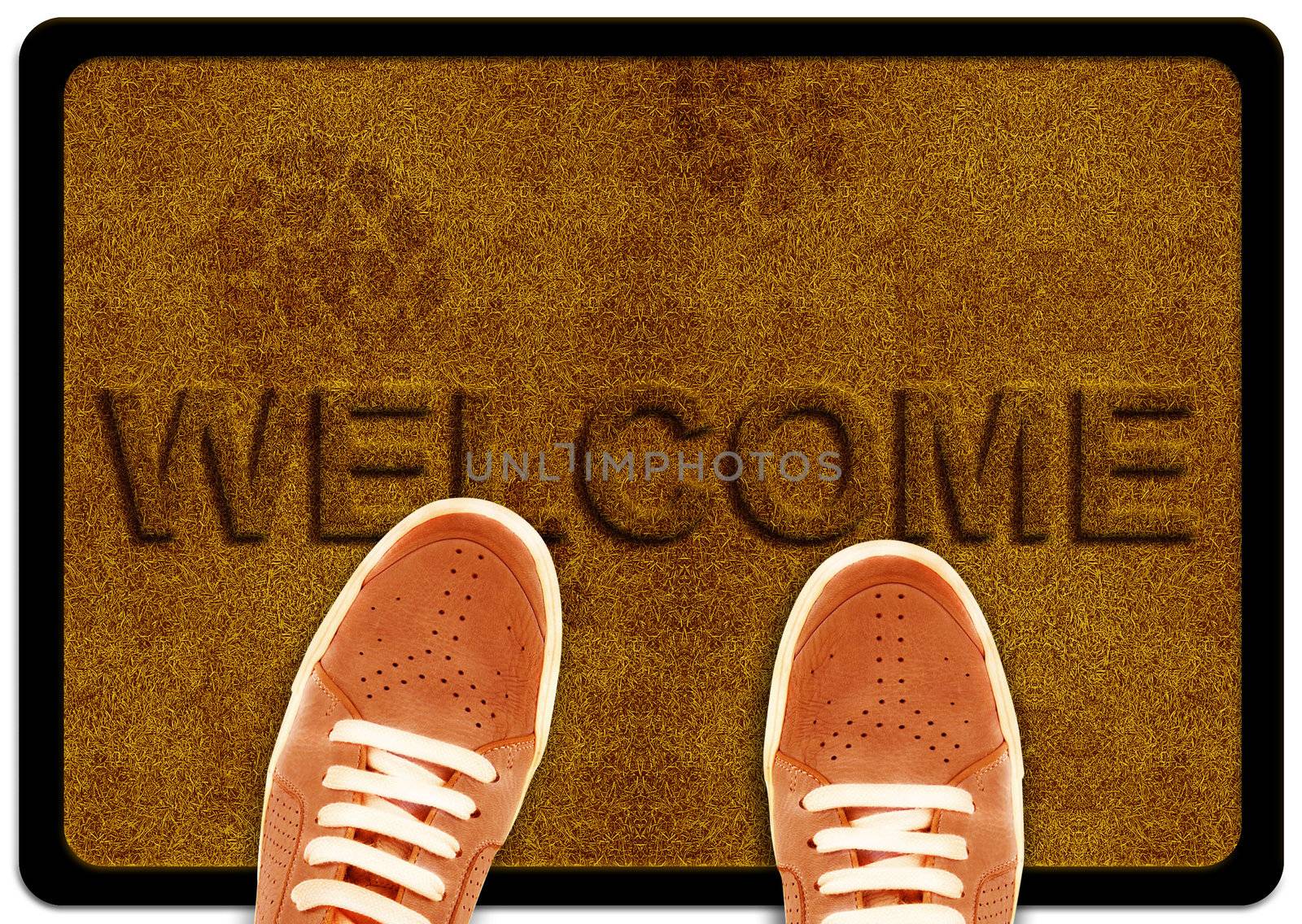 welcome cleaning foot carpet with shoeand shoe print on it.