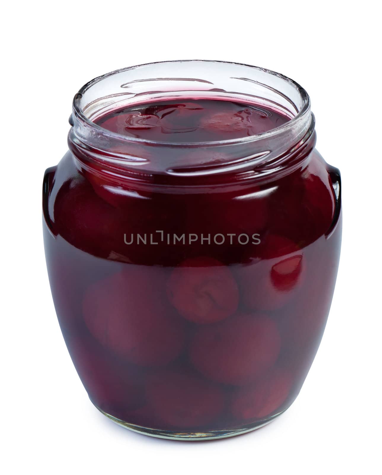 Canned fruit in open glass jar isolated on white background.