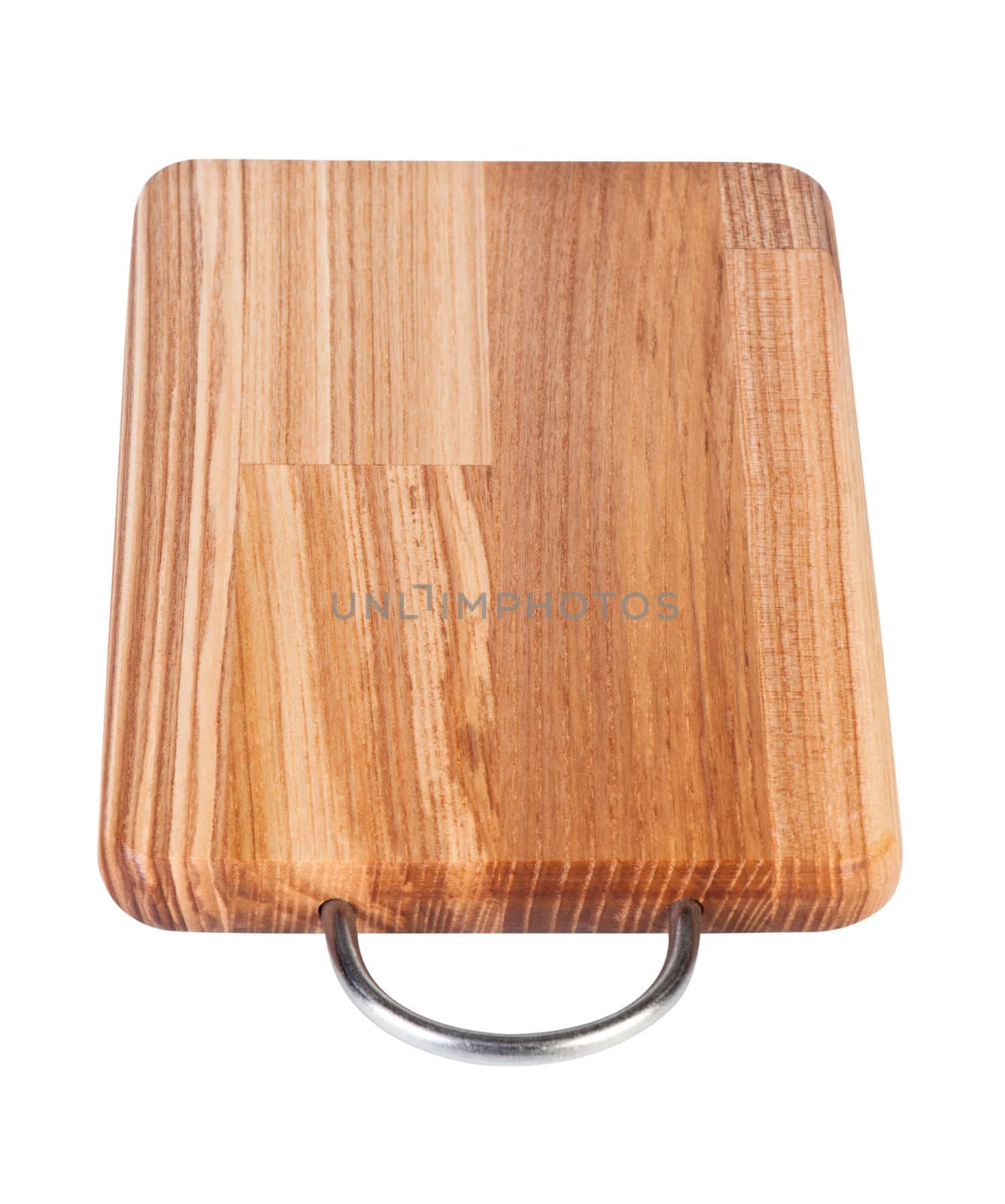 Kitchen cutting board with metal handle isolated on white background.