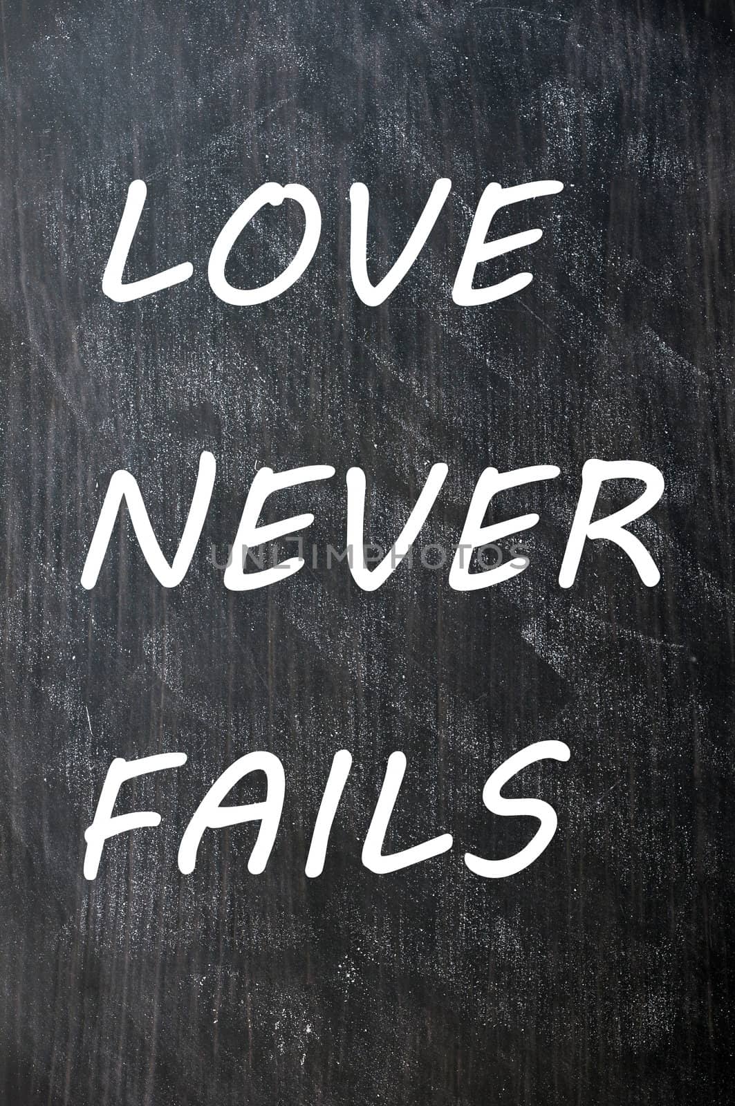 Love Never Fails written on a smudged chalkboard