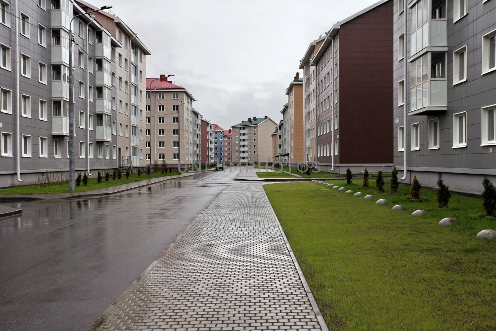 View of the city street in the rain