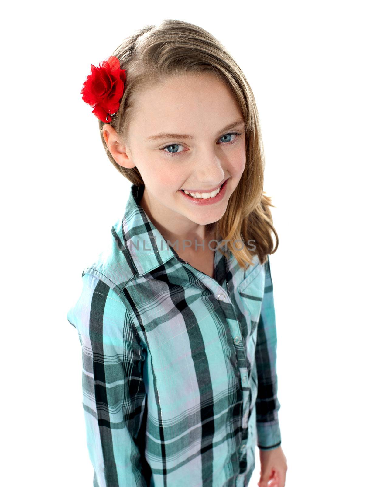 Aerial view of smiling cute rose girl isolated against white background