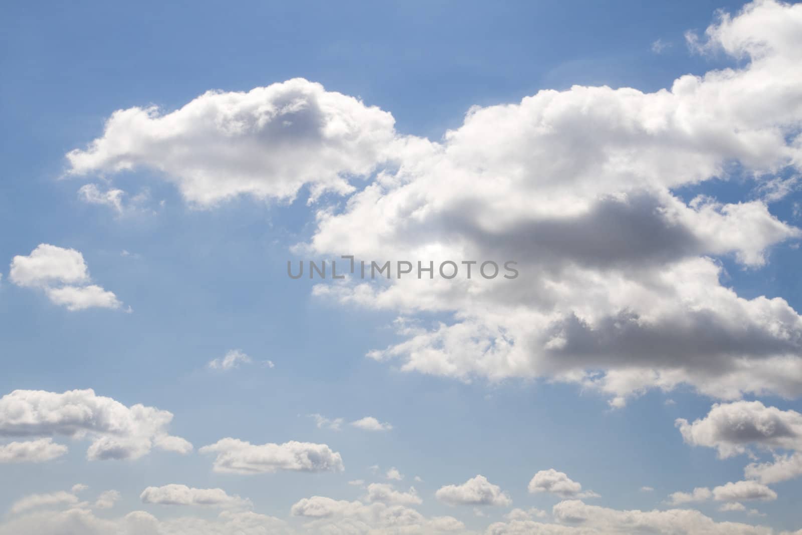 Background blue sky with white clouds on sunny day in summer - wide angle sky photo until horizon