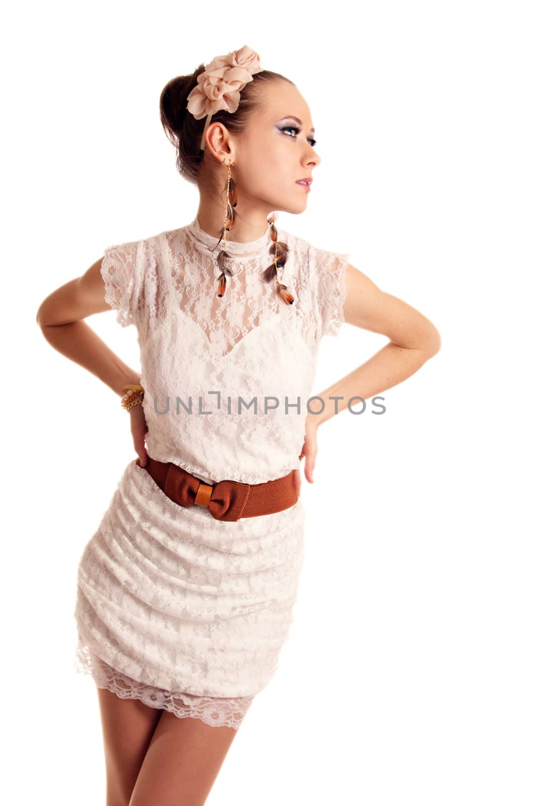 Elegant fashion style model portrait in dress over white