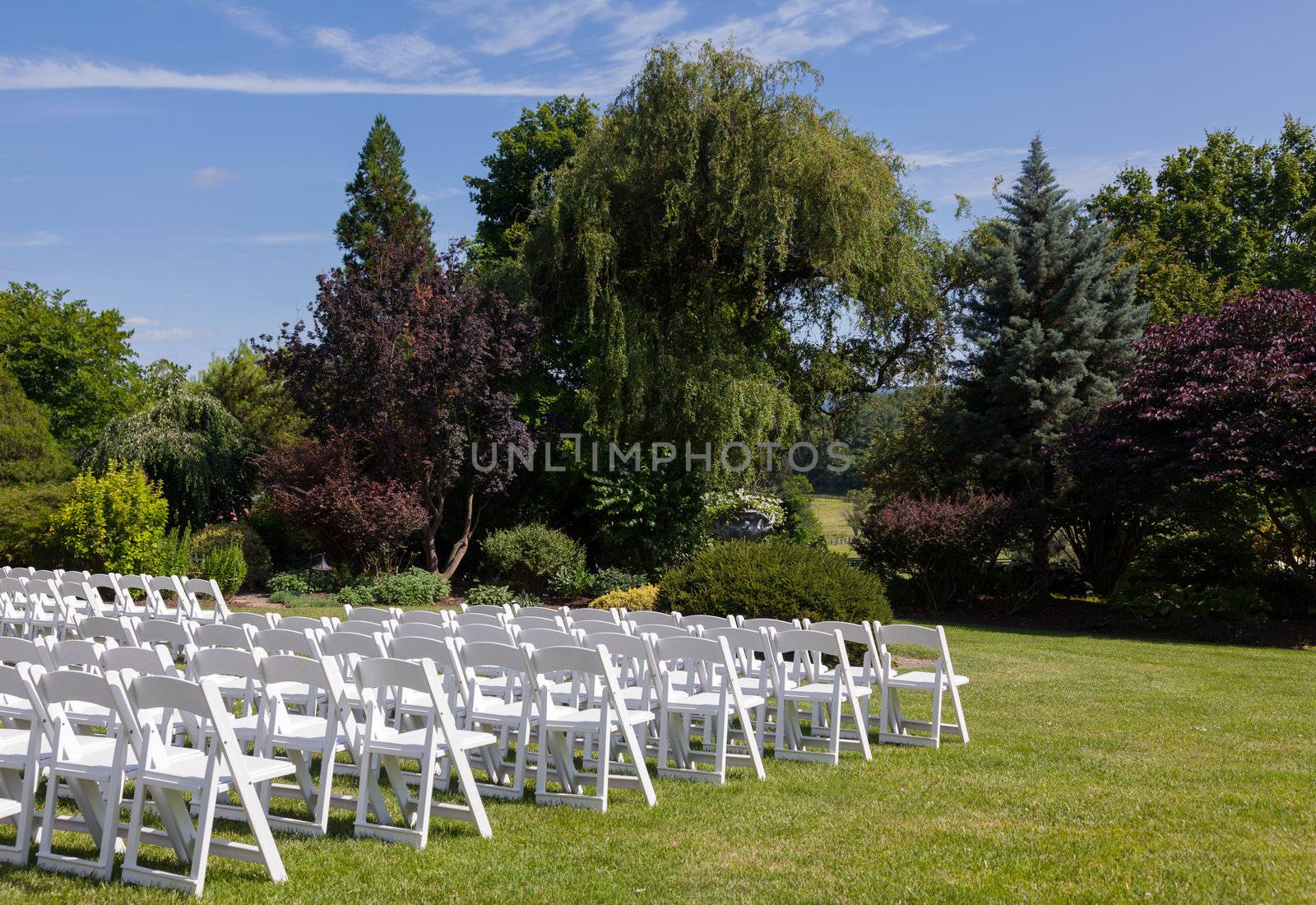 Rows of formal white wooden wedding chairs set up for a wedding or concert