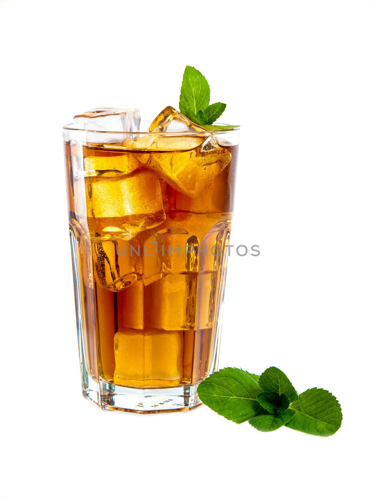 Large glass of refreshing mint ice tea, isolated on white