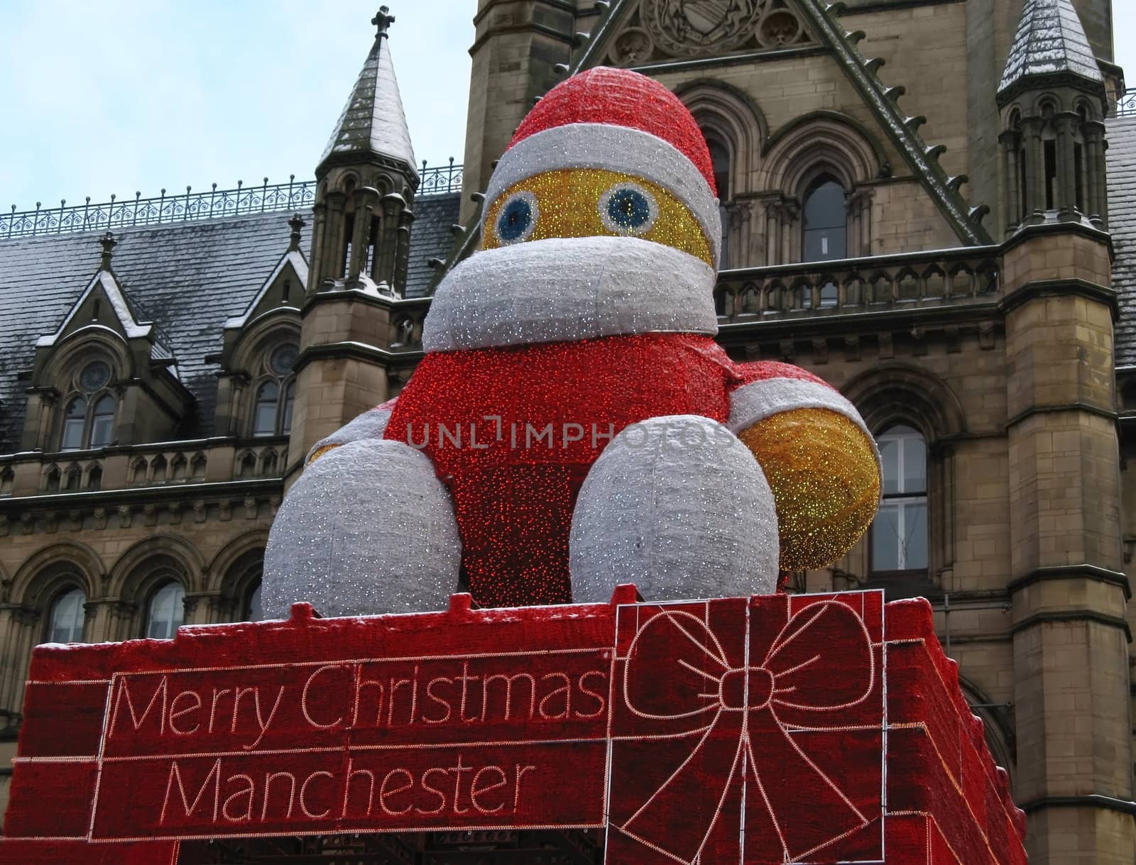 Christas decoration in front of the Town Hall building in Manchester.