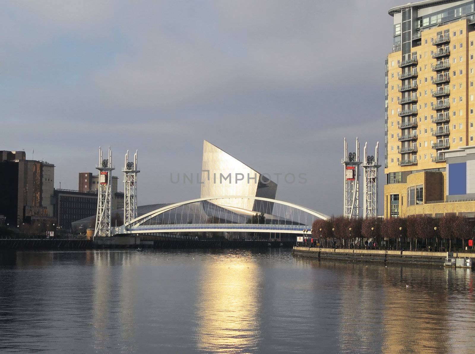 Sunset view of the Millennium Lifting Footbridge in Manchester.