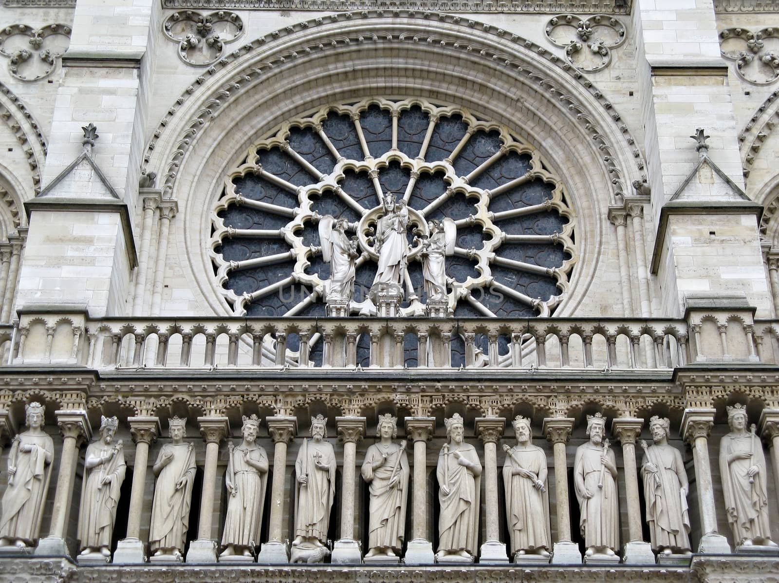 Detail view of the facade above the entrance of Norte Dame de Paris.