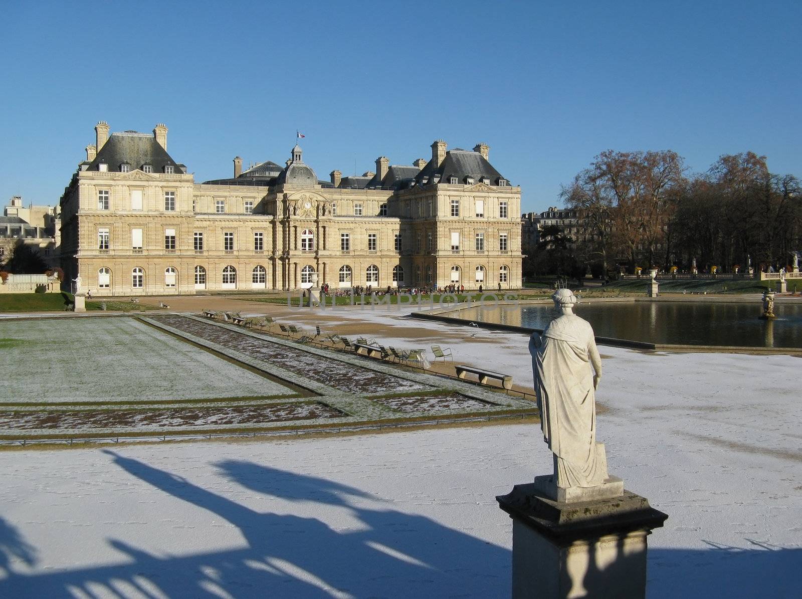 Winter scene with The Luxembourg Palace in Paris - the seat of the French Senate.