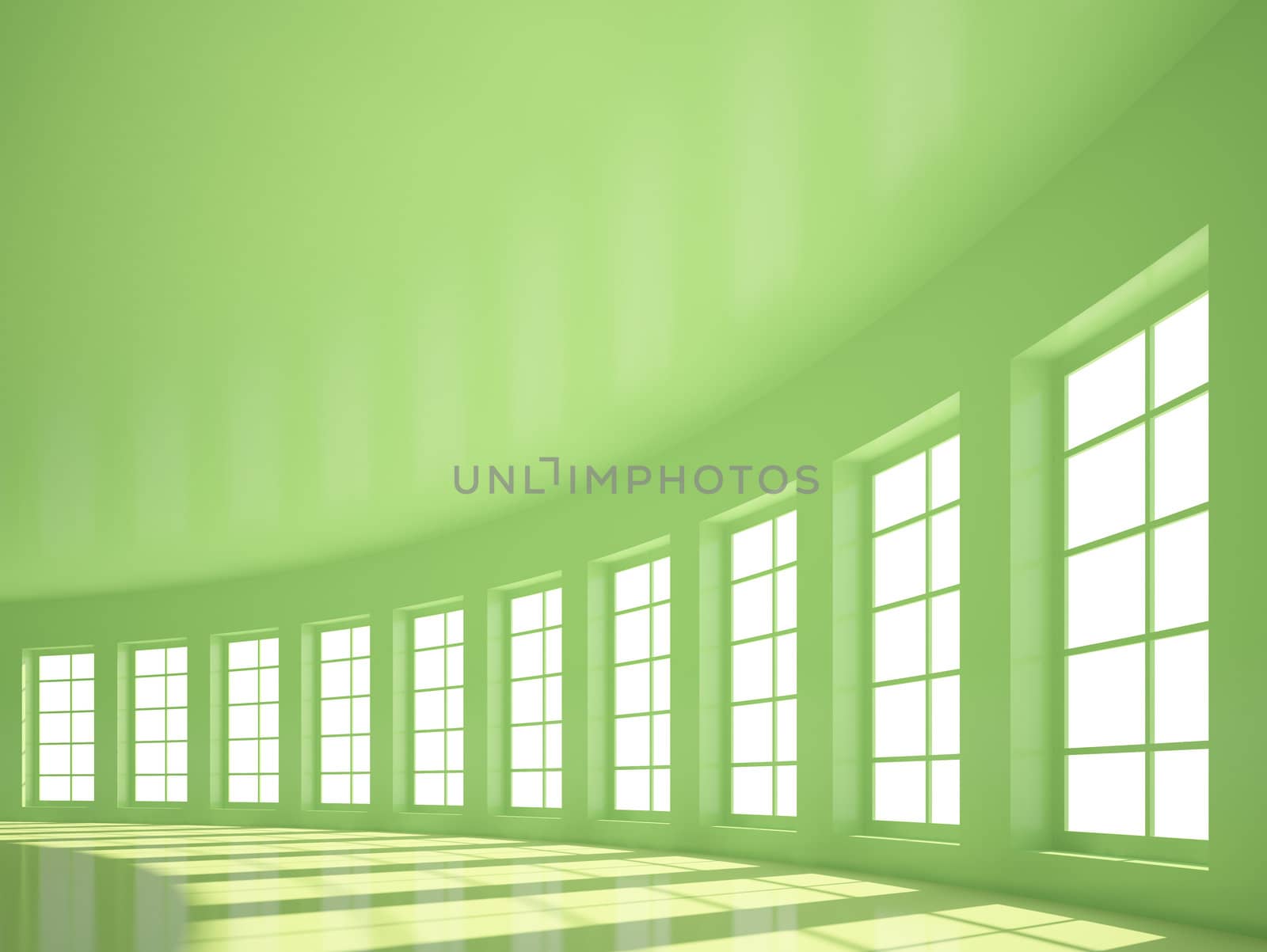 Green Empty Hall with Windows