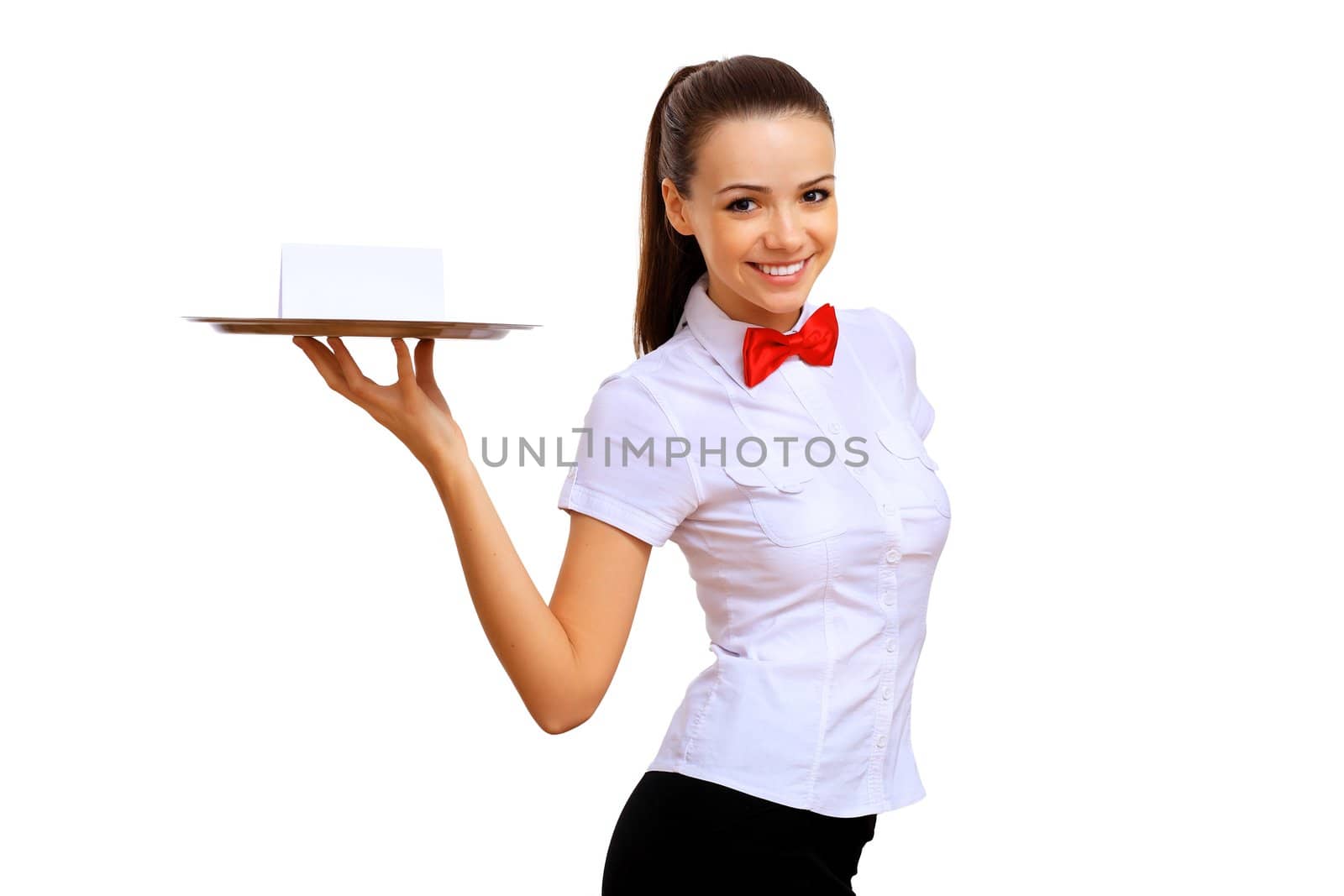 Portrait of young waitress with an empty tray