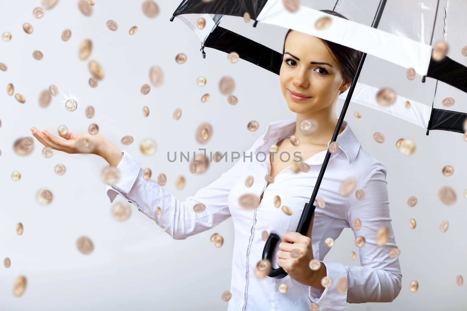 Collage with business woman under money rain with umbrella