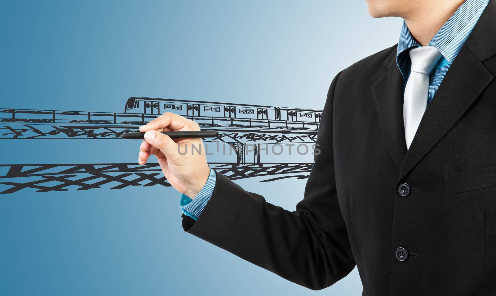 business man draw train transportation and cityscape