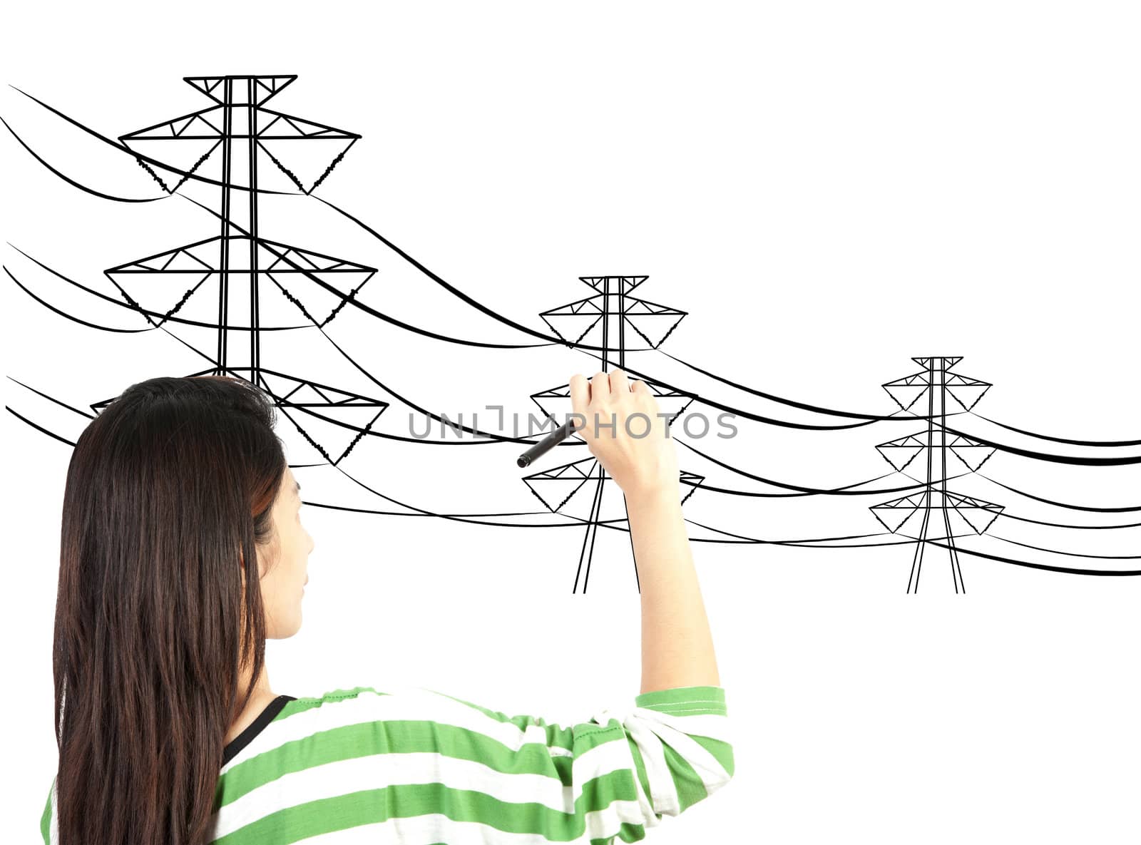 woman drawing electric pylon and wire