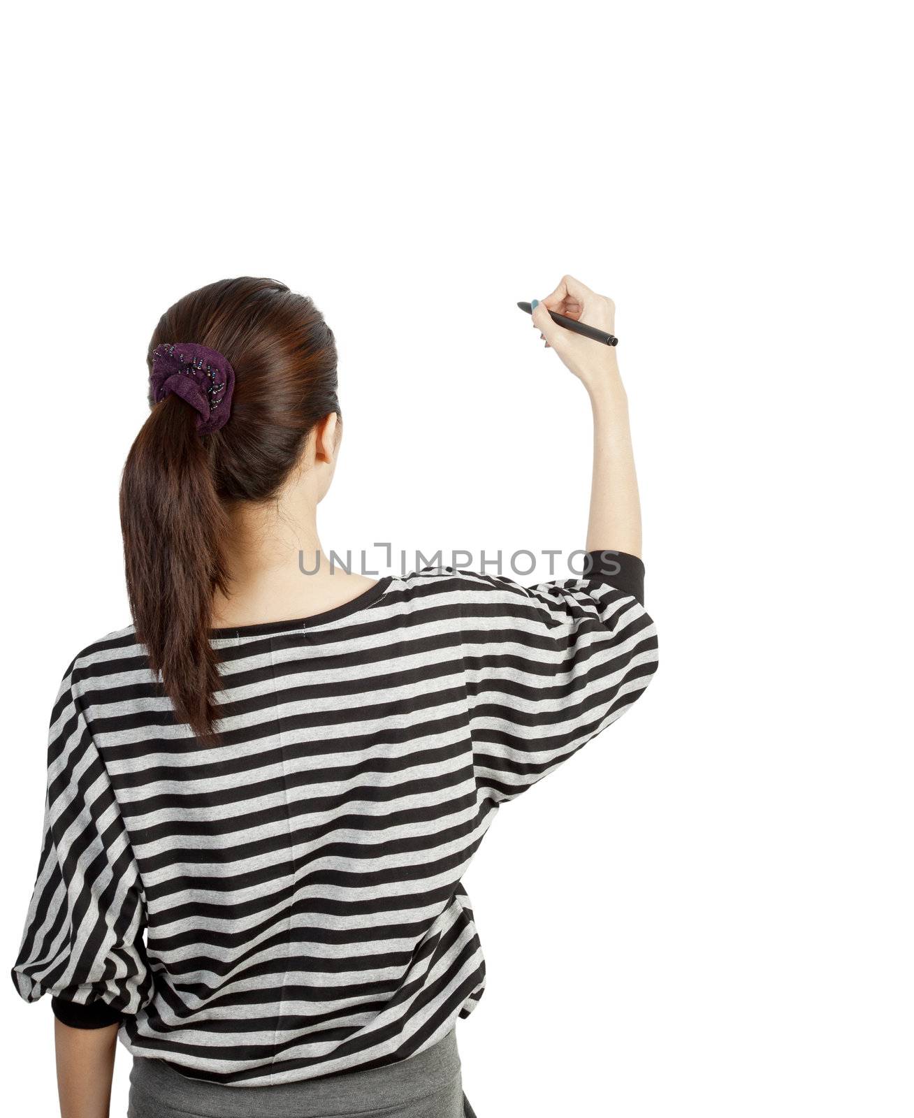 woman drawing or writing on white background by FrameAngel