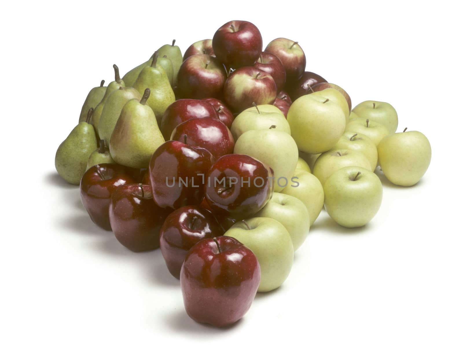 A pile of a variety of apples and pears on a white background