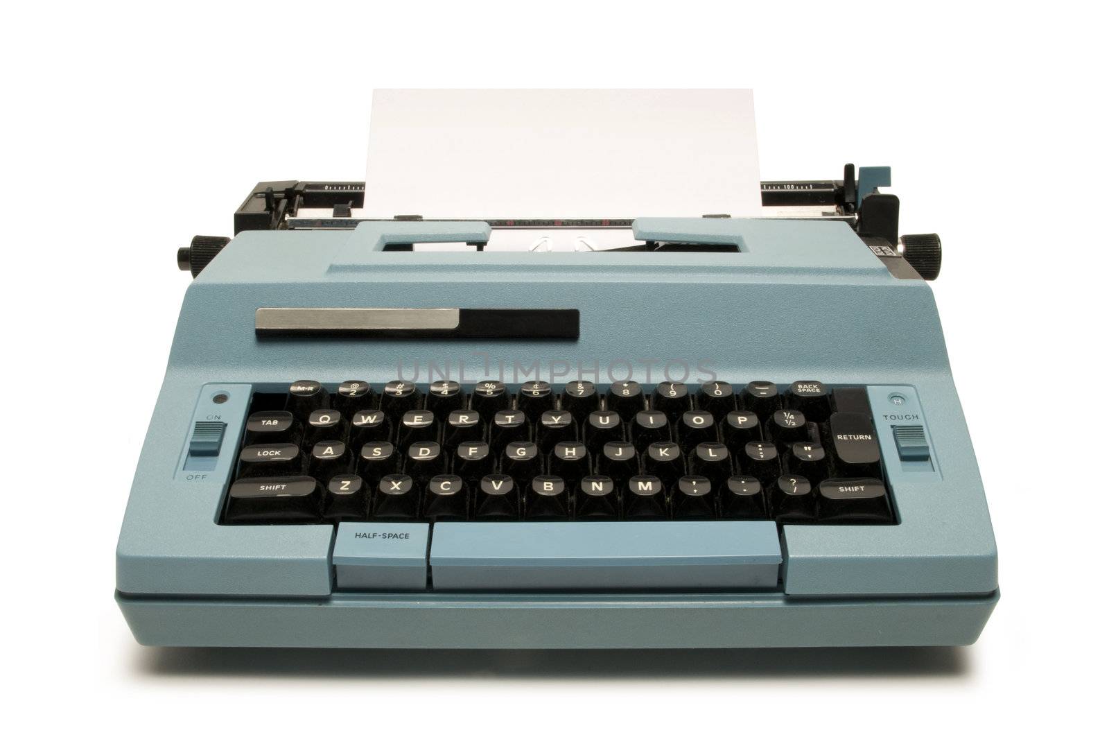 Blue electric typewriter on white by Balefire9
