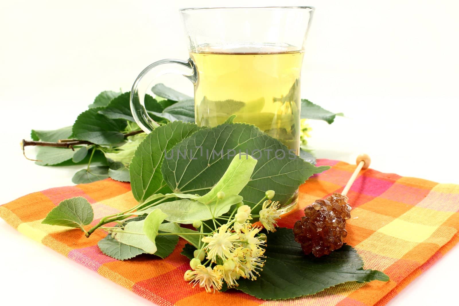 a cup of lime blossom tea with fresh flowers