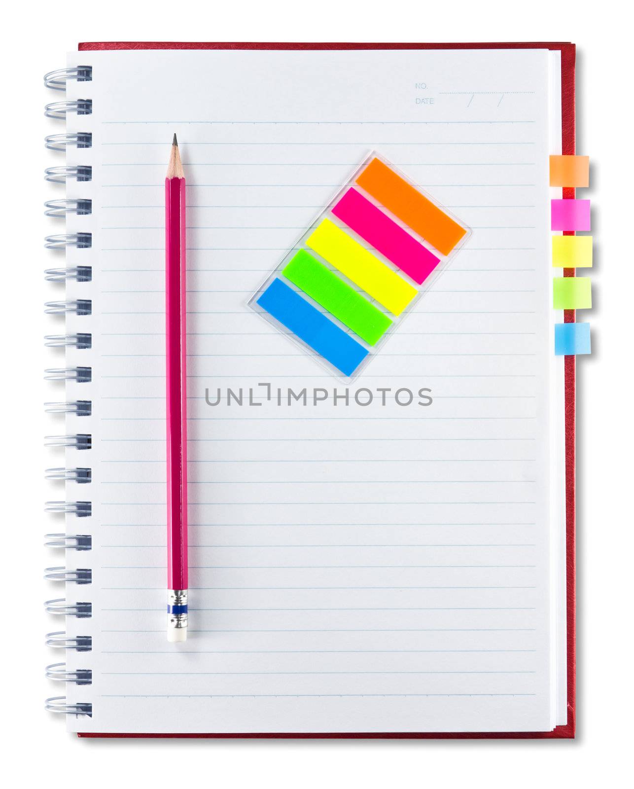 red notebook , pencil and set of indexing isolated