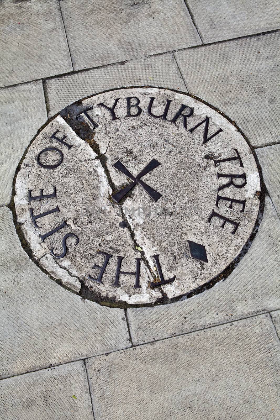 Plaque in London (located near Marble Arch) remembering the site of the Tyburn Tree.  This was the site of Tyburn gallows where prisoners were hung from the late 16th century.