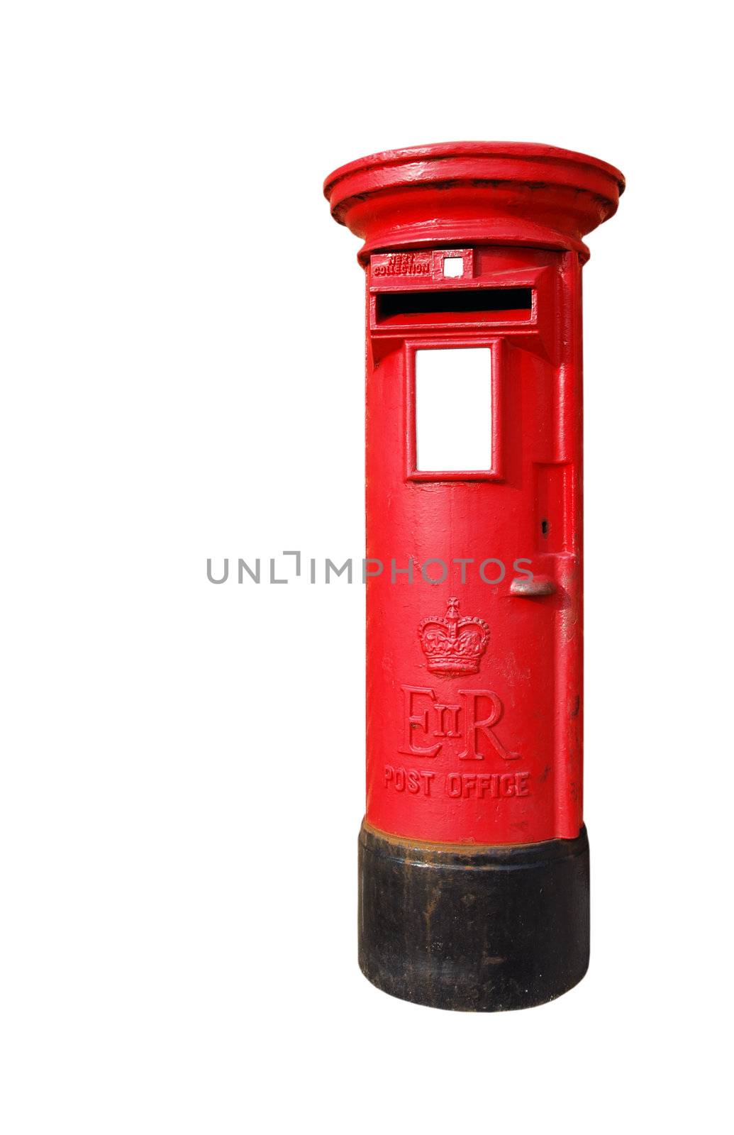 typical red british postbox isolated on white background