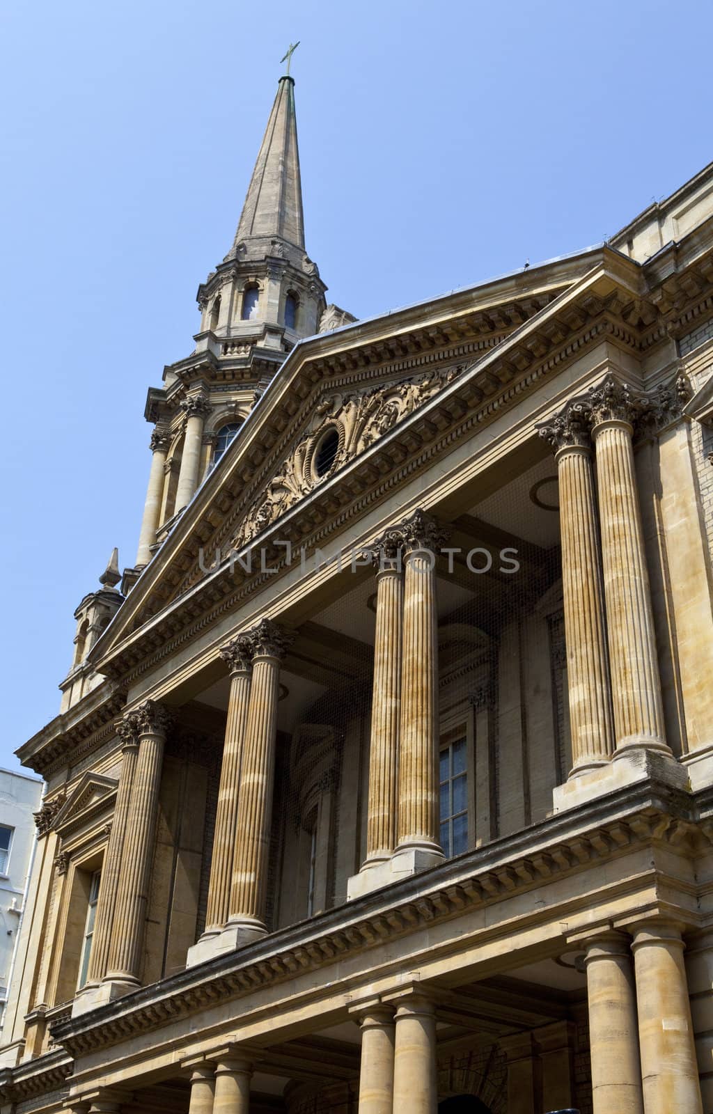 Looking up at the impressive Hinde Street Methodist Church in London.