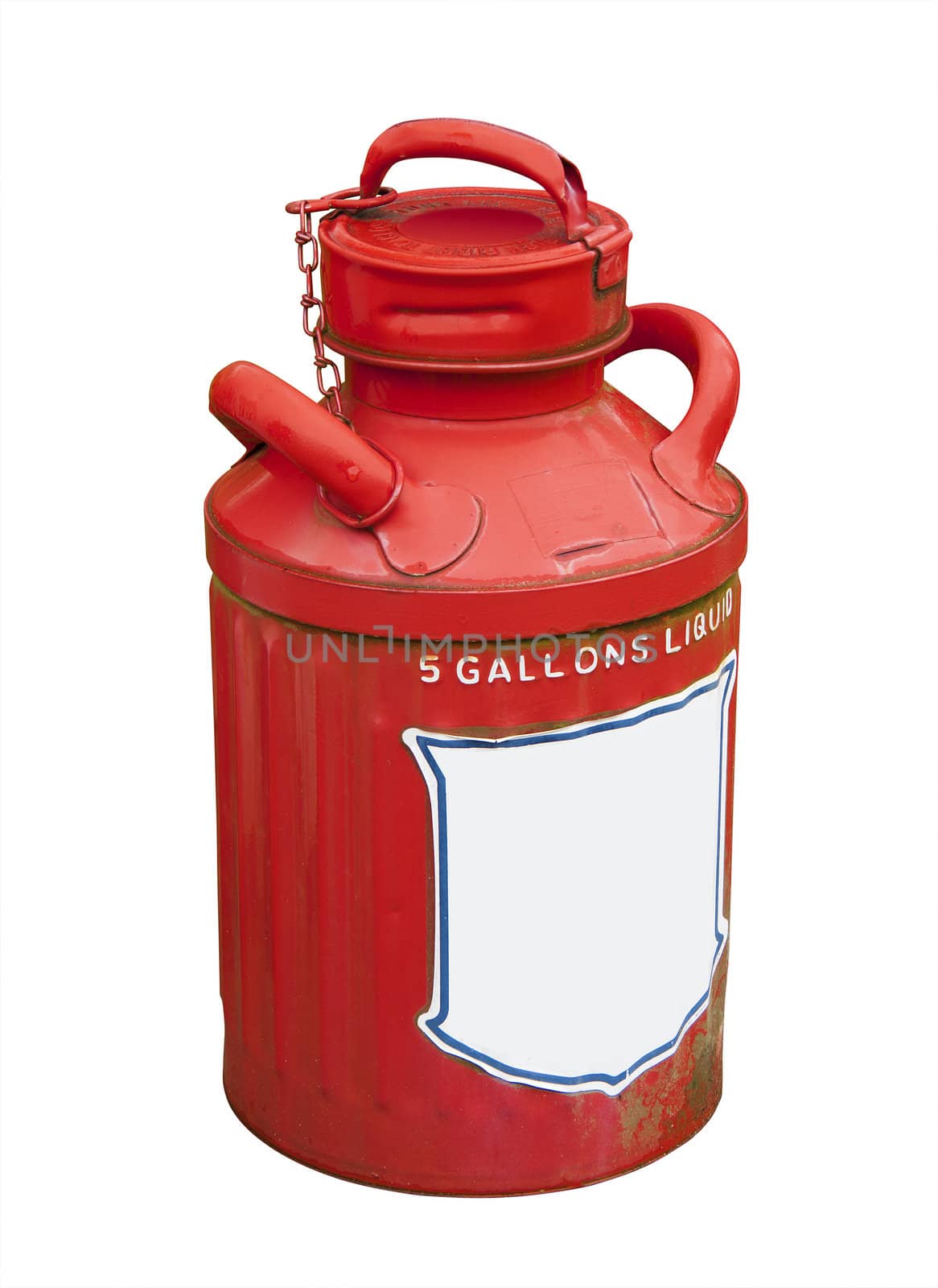 antique 5 gallon gasoline can in red with white blank label