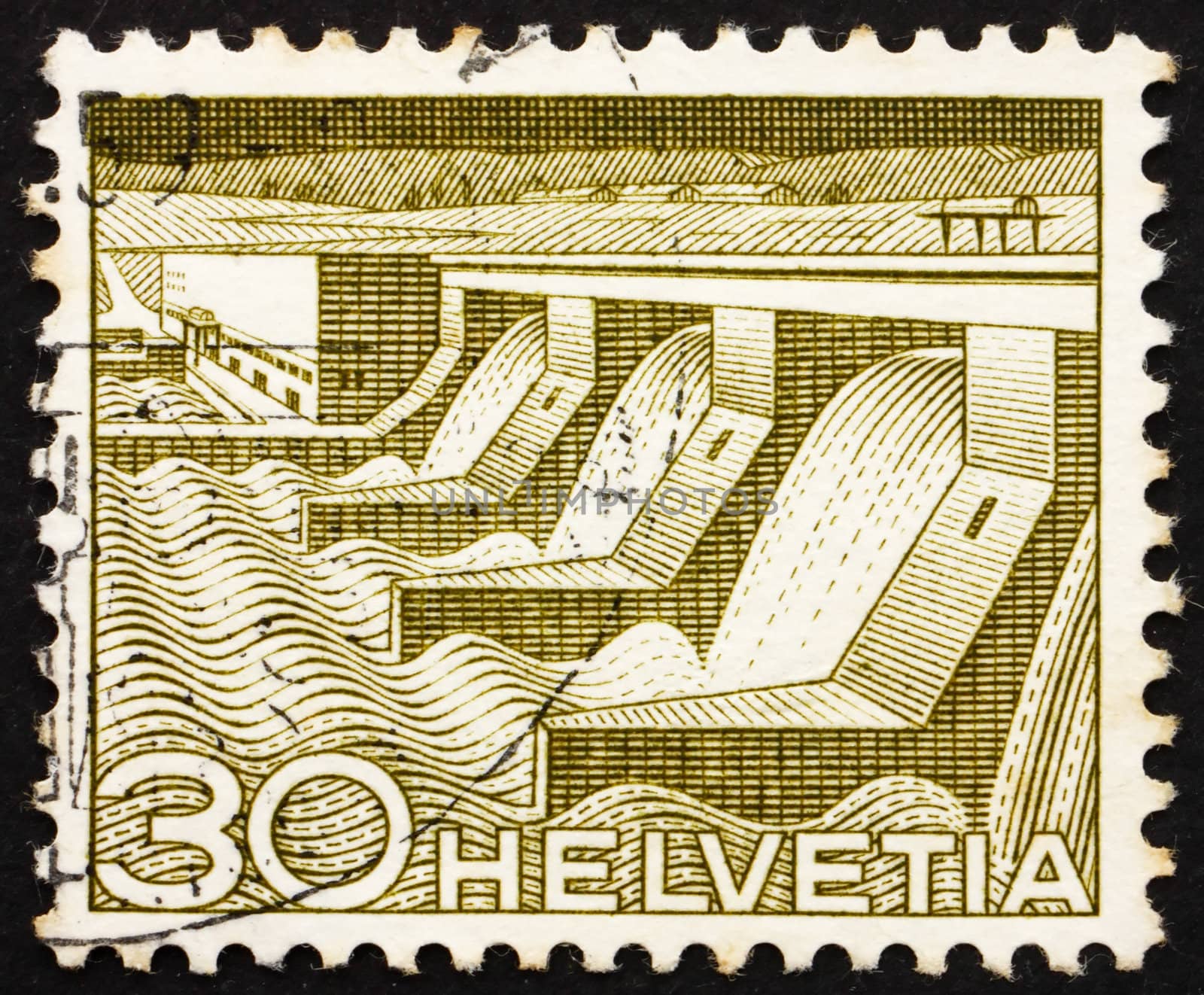 SWITZERLAND - CIRCA 1949: a stamp printed in the Switzerland shows Dam and Power Station, Hydroelectric Power, circa 1949