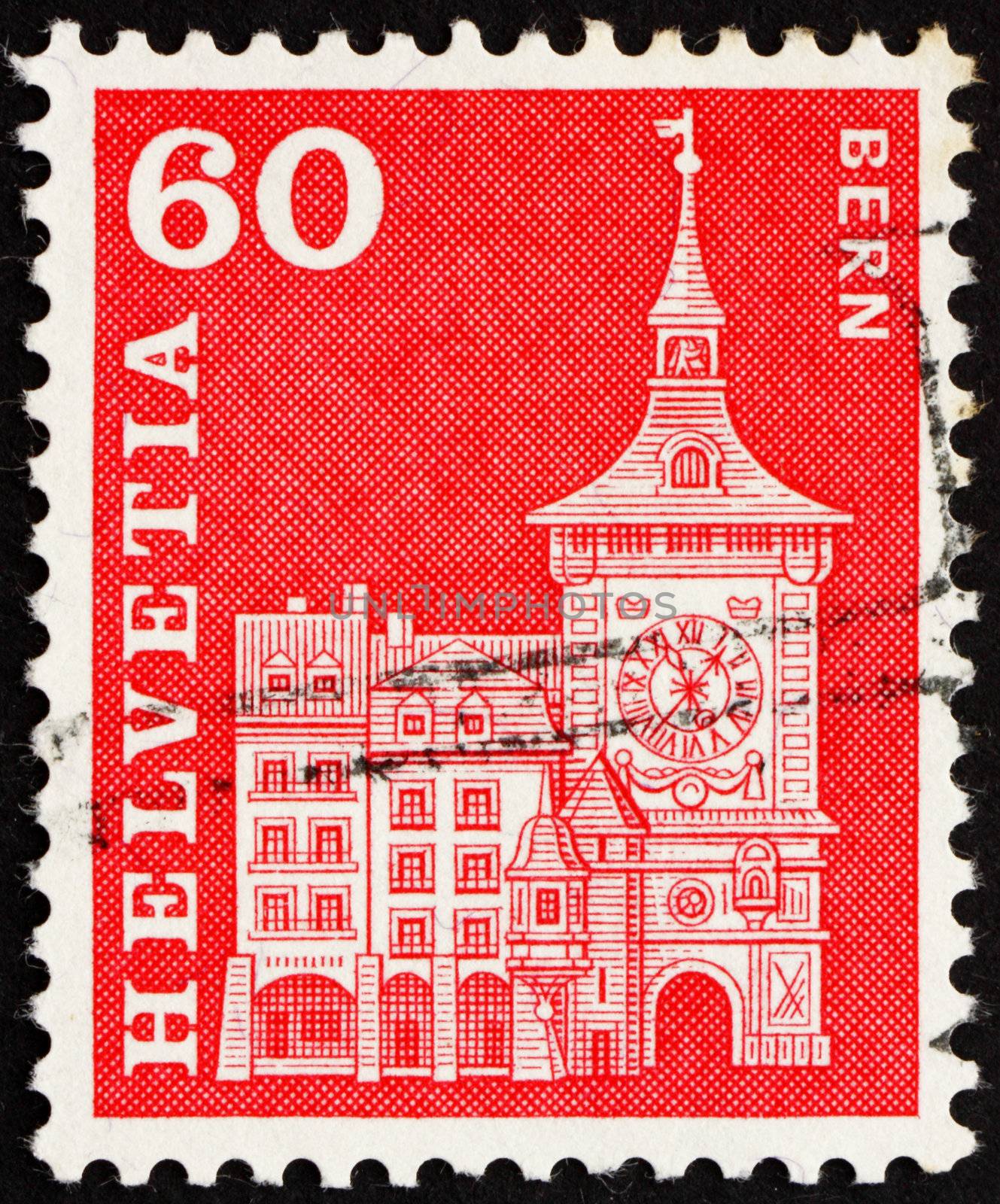 SWITZERLAND - CIRCA 1960: a stamp printed in the Switzerland shows Clock Tower, Bern, Switzerland, circa 1960