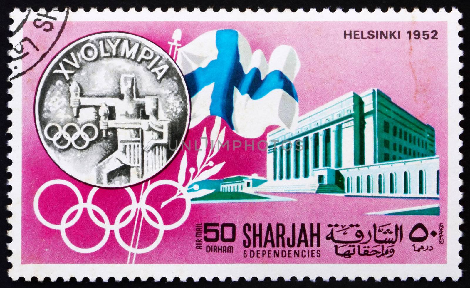 SHARJAH - CIRCA 1968: a stamp printed in the Sharjah UAE shows Olympic Games Helsinki 1952, Sweden, History of Olympic Games, circa 1968