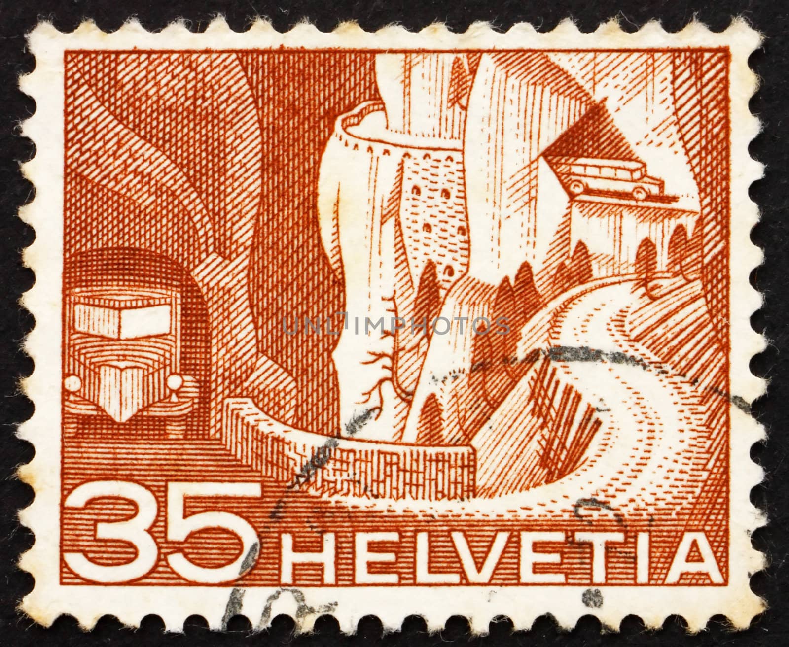 SWITZERLAND - CIRCA 1949: a stamp printed in the Switzerland shows Alpine Postal Road, circa 1949