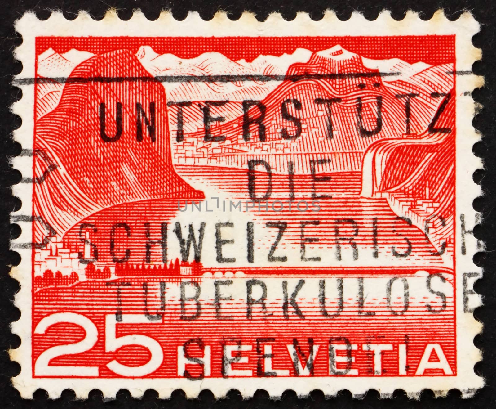 SWITZERLAND - CIRCA 1949: a stamp printed in the Switzerland shows Lake Dam, Hydroelectric Power, circa 1949