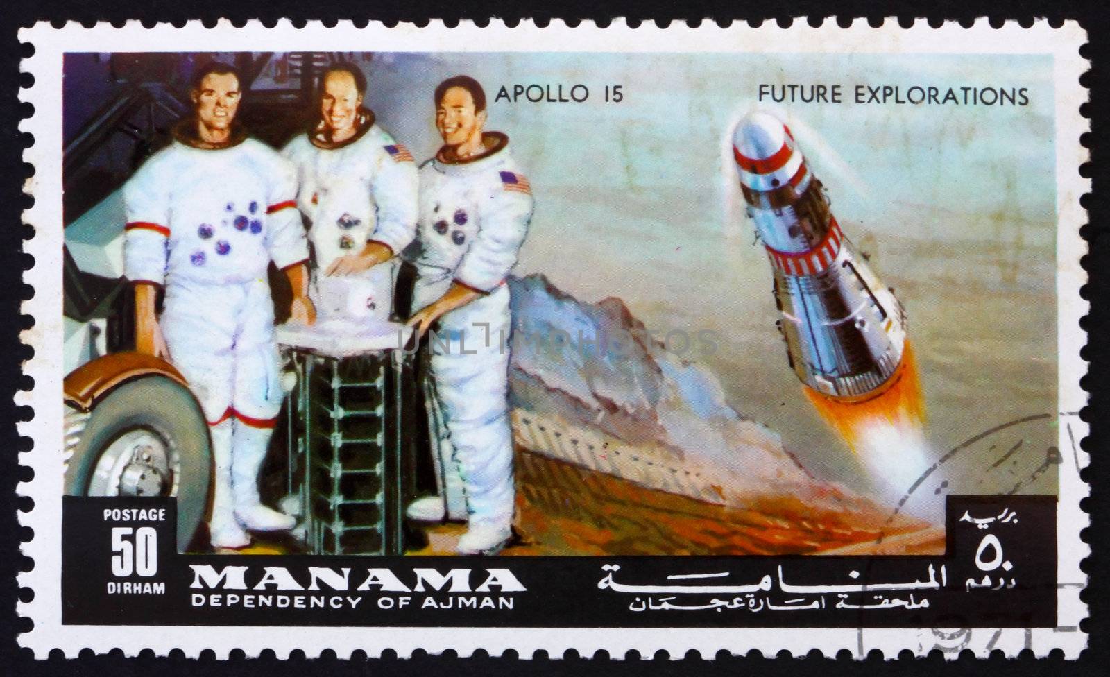 MANAMA - CIRCA 1972: a stamp printed in the Manama Bahrain shows Astronauts Scott, Worden and Irwin, Apollo 15, Mission to the Moon, circa 1972
