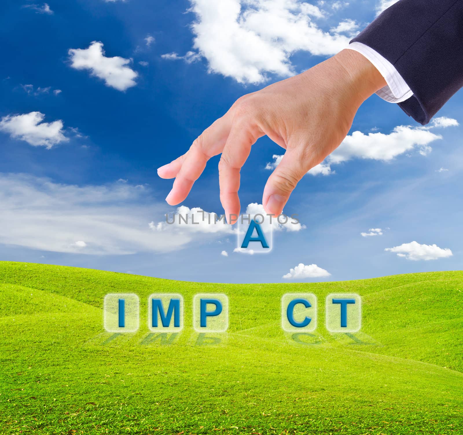 business man hand made impact word buttons on green grass meadow