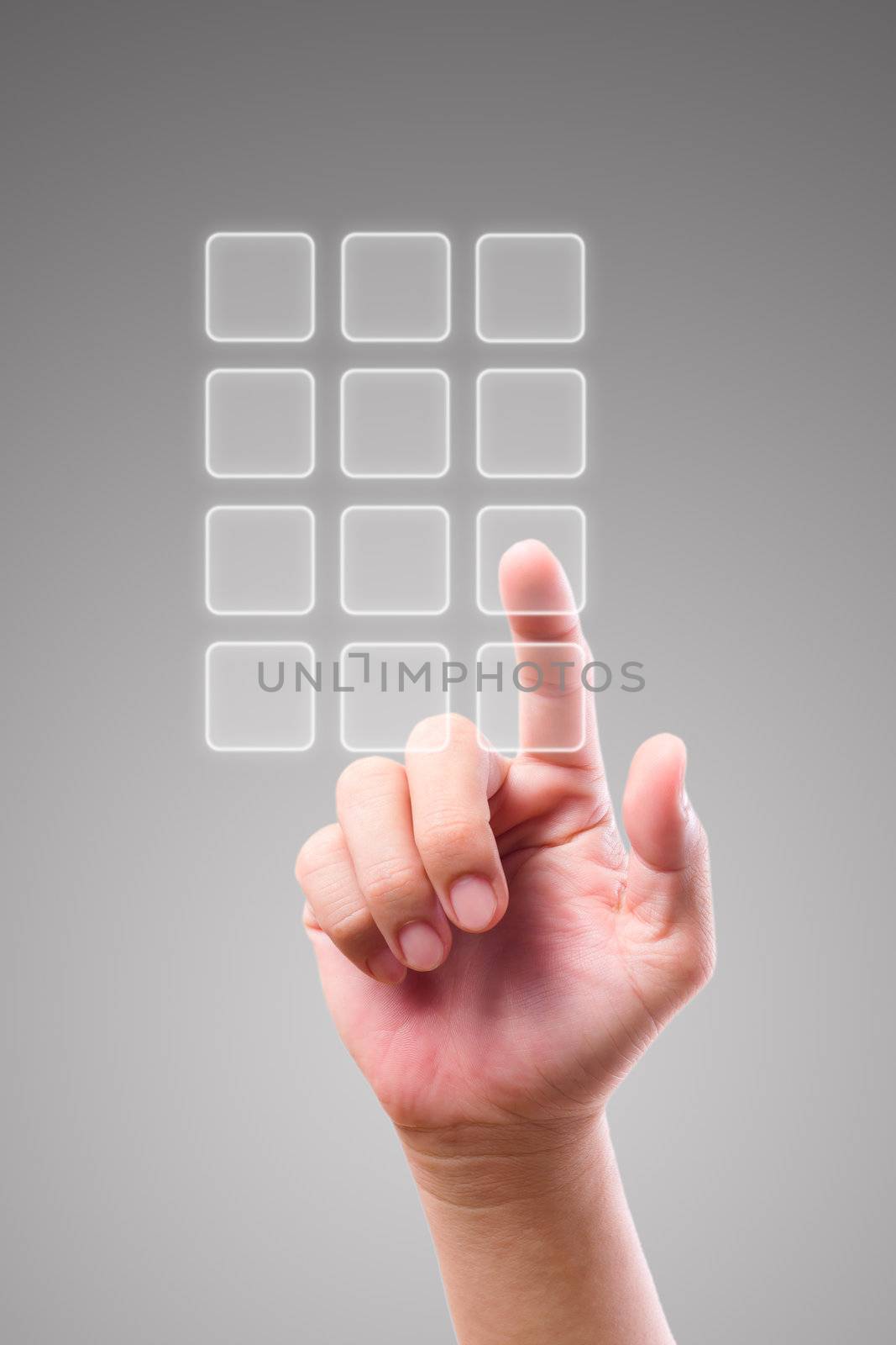 hand pushing transparent telephone buttons by tungphoto