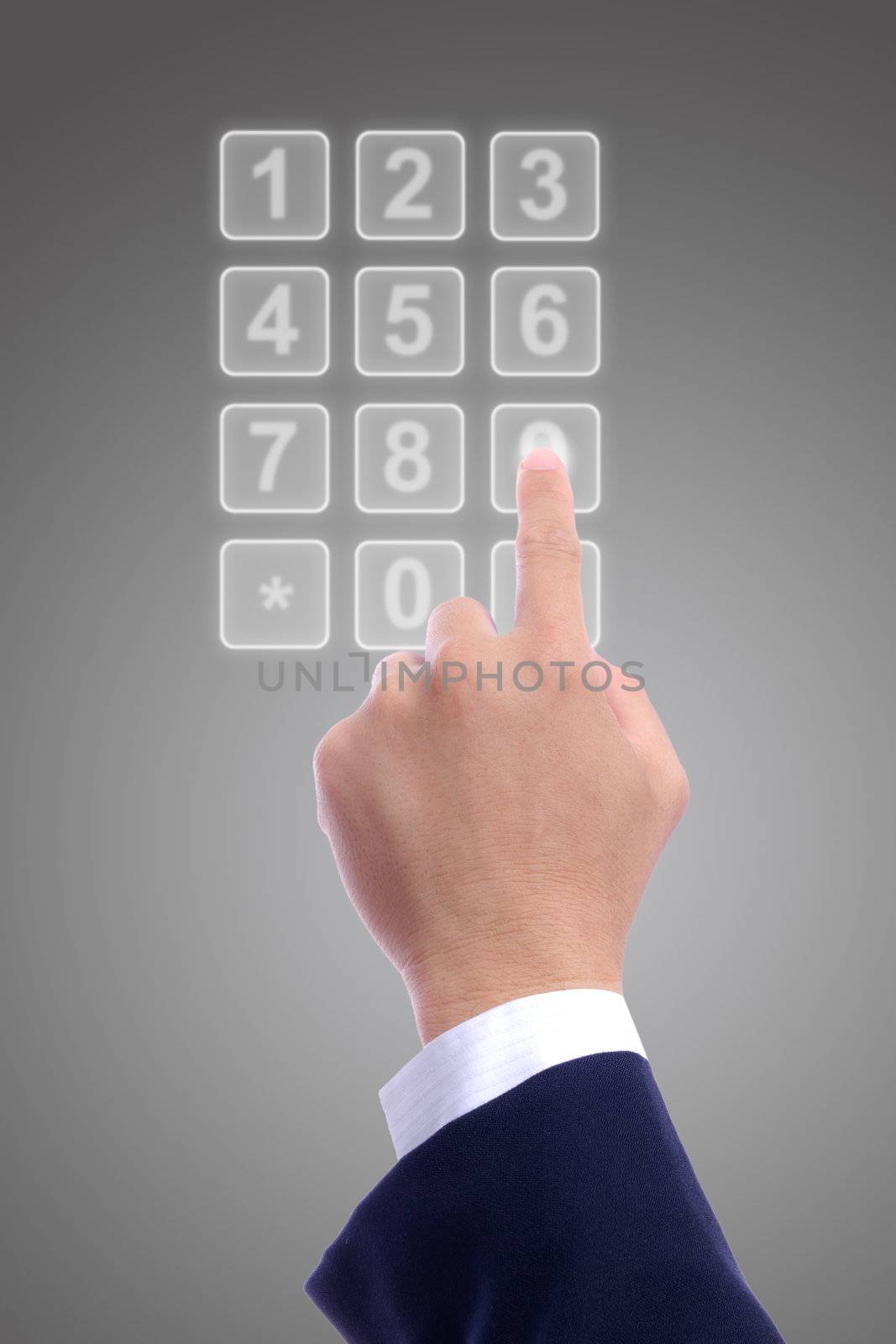 business man hand with transparent telephone buttons by tungphoto