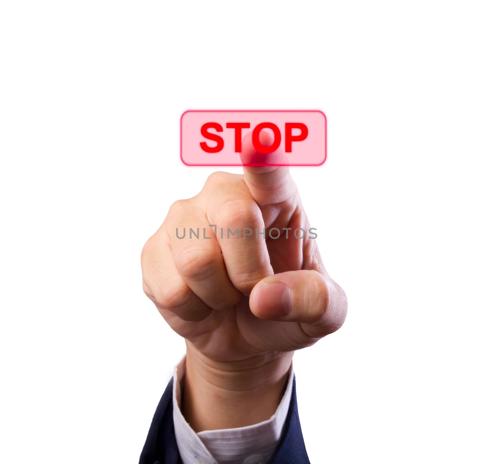 business man hand pushing stop button
