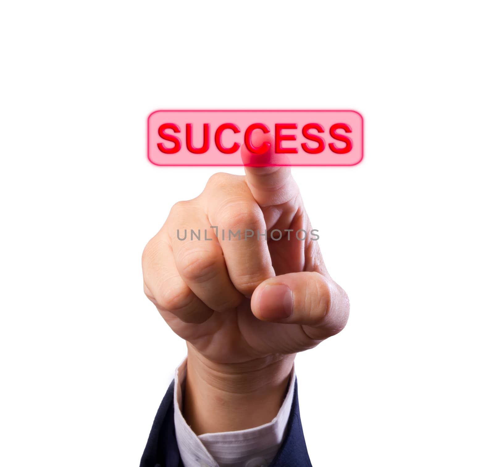 hand pushing success button isolated on white background
