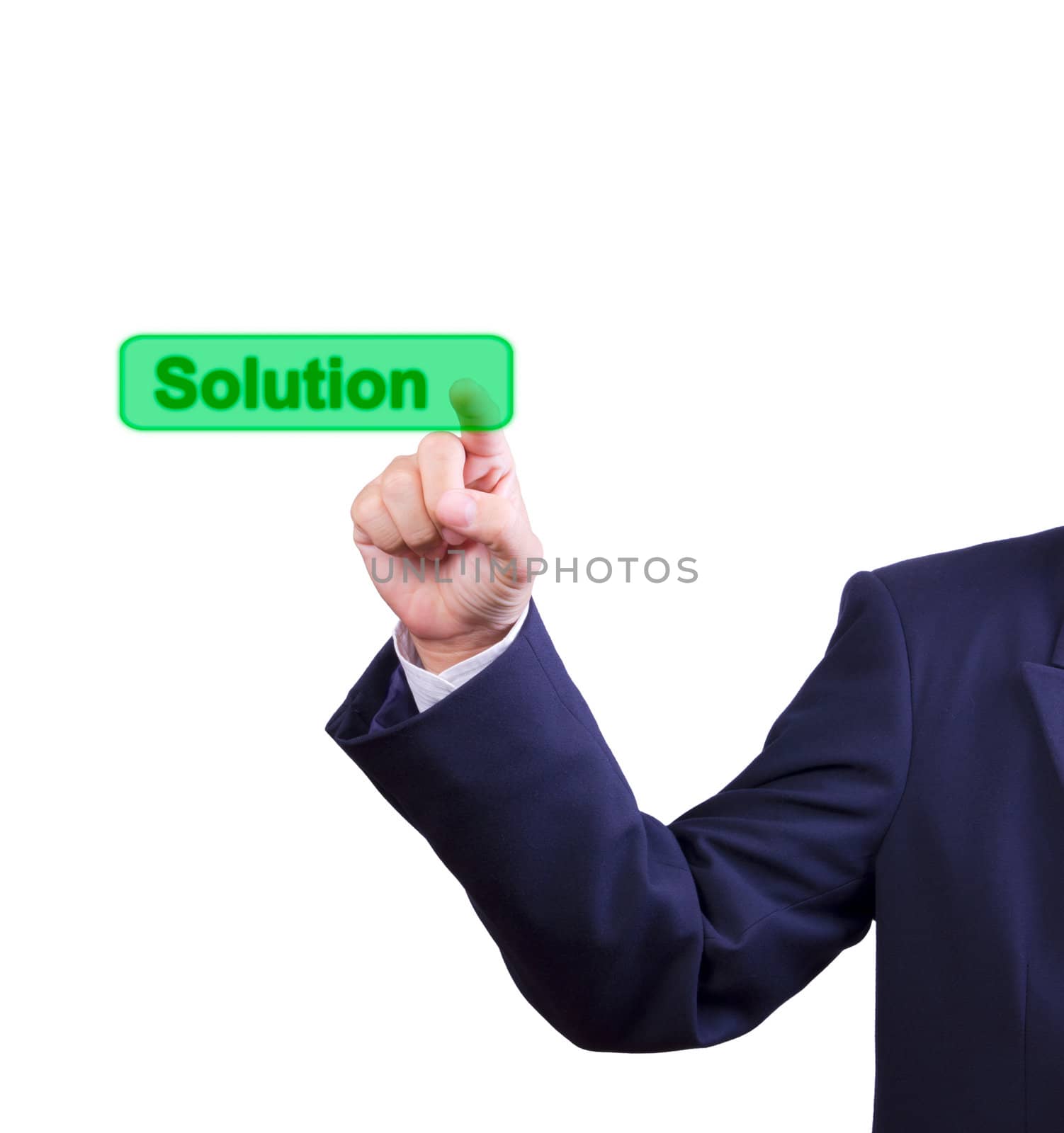 business man hand pushing solution button isolated