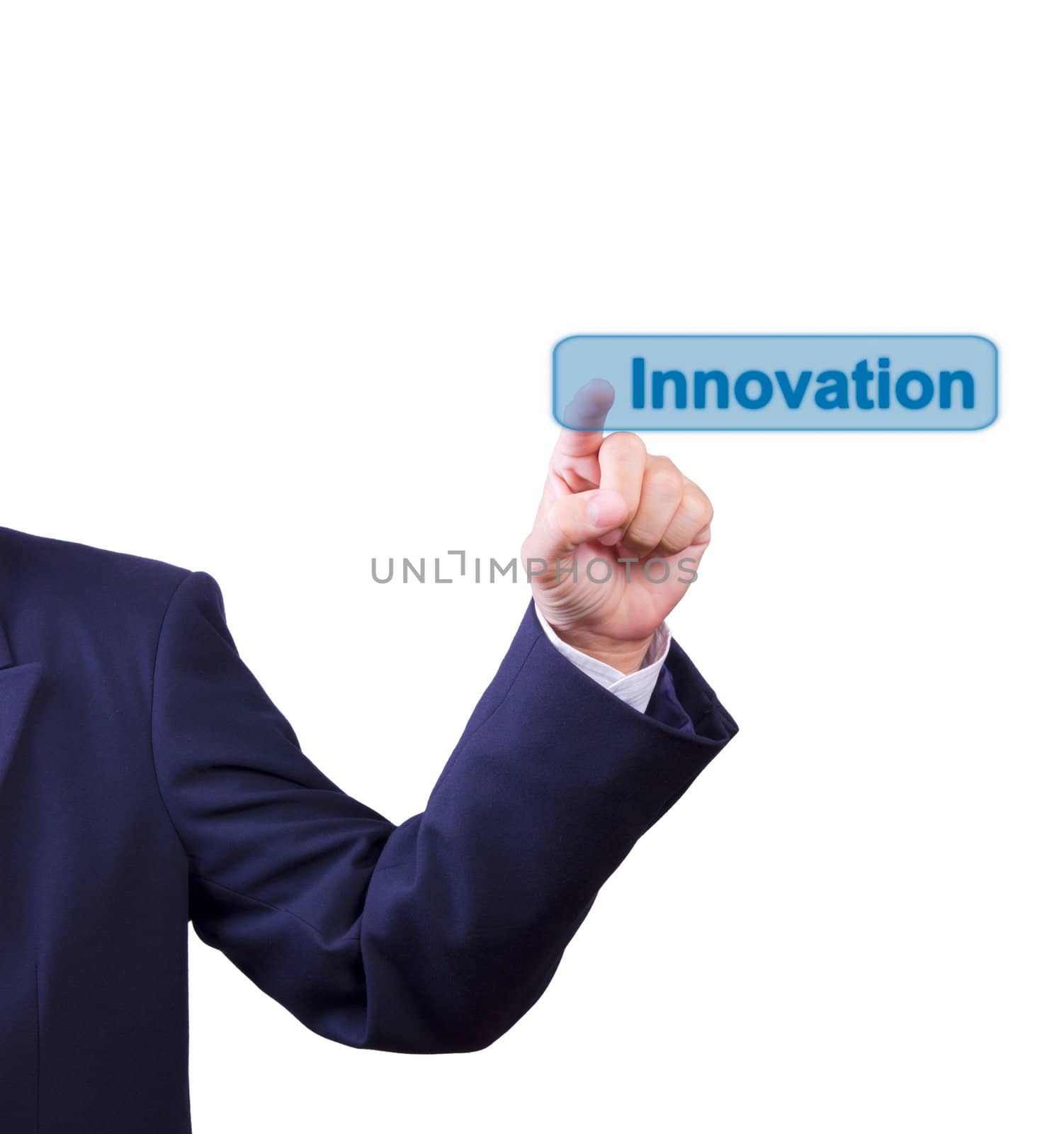 business man hand pushing innovation button isolated